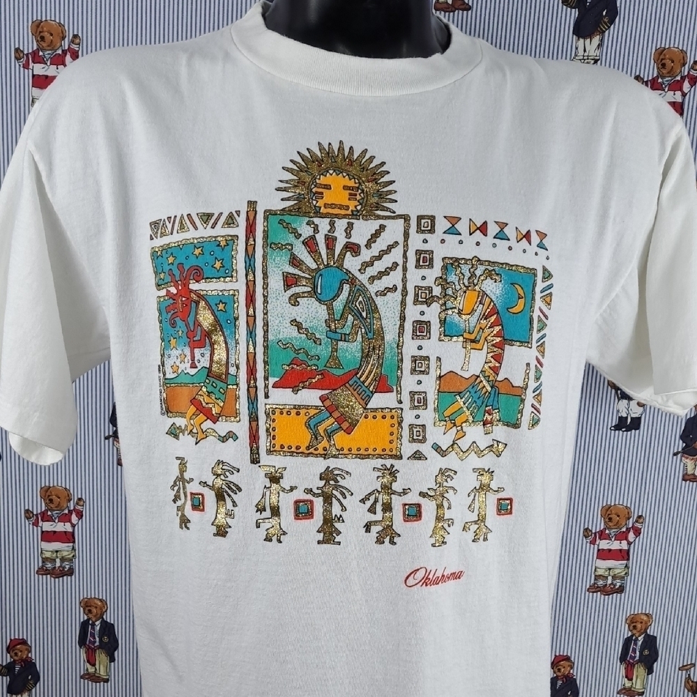Vintage Oklahoma western Native American dancing art graphic LG white t-shirt